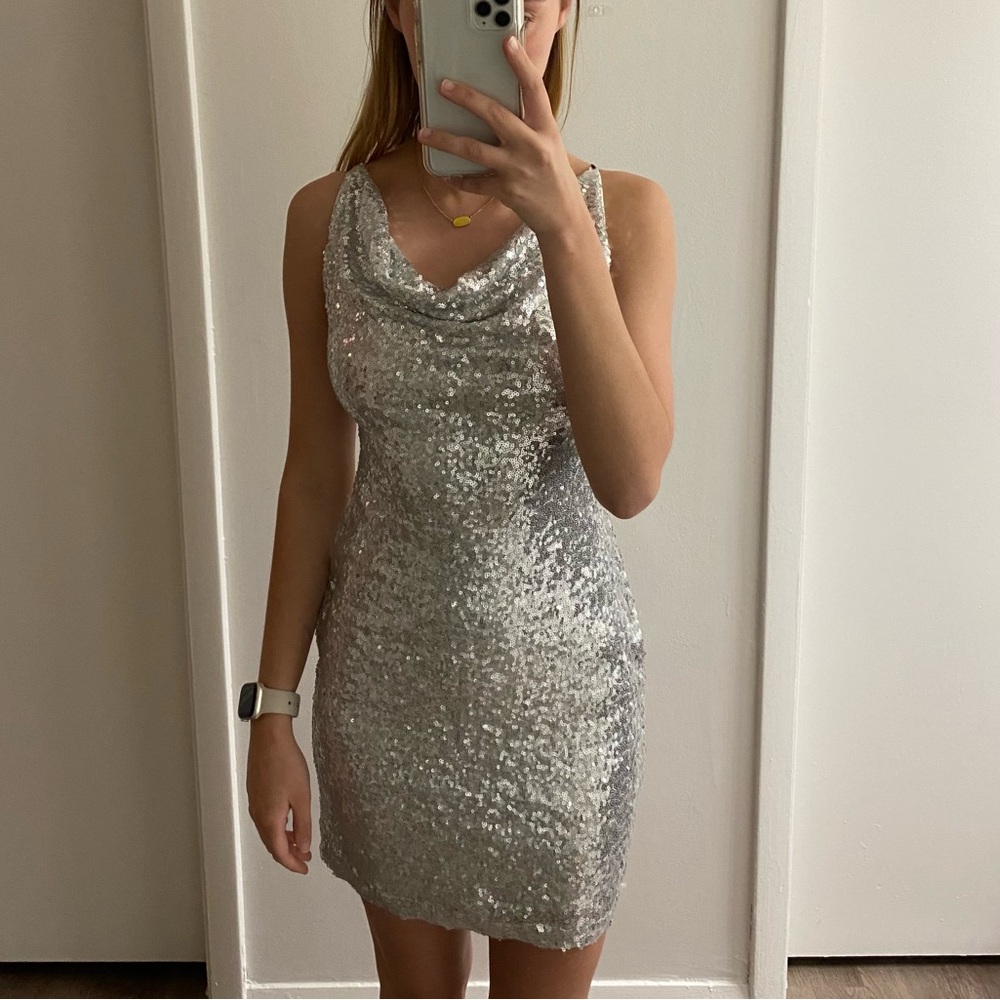 Sparkly sequence silver dress with crisscross back XS